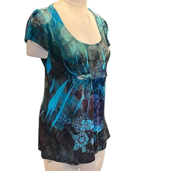 B.L.E.U. Short Sleeve Tunic Top Floral Beaded/Studded Ruffle Sz M #233B - Picture 3 of 9